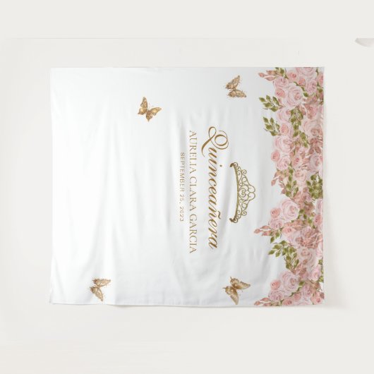 フローラ赤面ピンク金ゴールドティアラバタフライキンセアニラ タペストリー (正面(横))