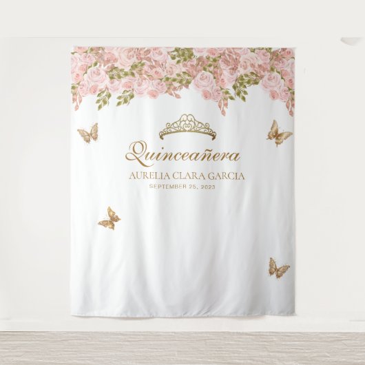 フローラ赤面ピンク金ゴールドティアラバタフライキンセアニラ タペストリー (正面)