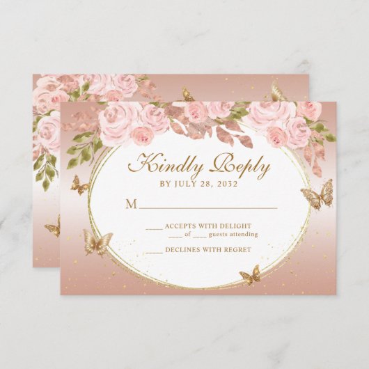 フローラ赤面ピンク金ゴールドティアラバタフライキンセアニラ 出欠カード (正面/裏面)