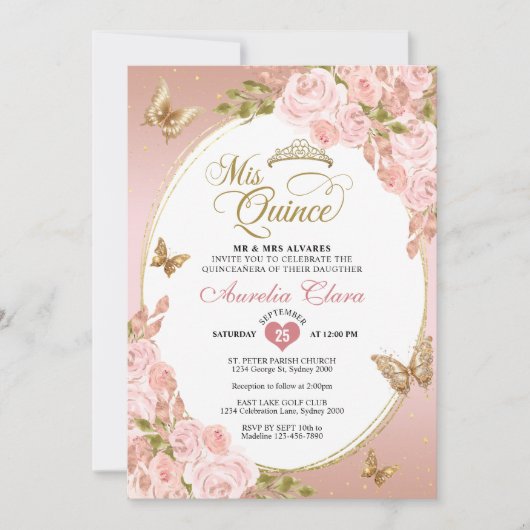 フローラ赤面ピンク金ゴールドティアラバタフライキンセアニラ 招待状 (正面)