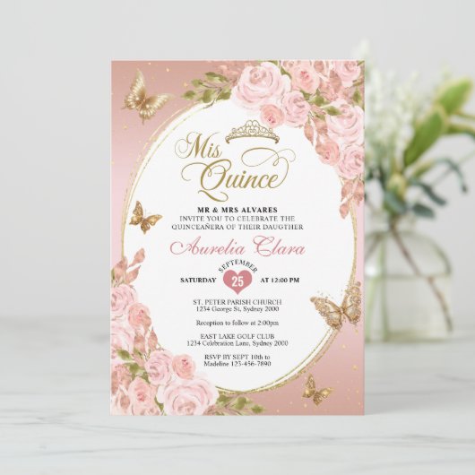 フローラ赤面ピンク金ゴールドティアラバタフライキンセアニラ 招待状 (スタンド正面)