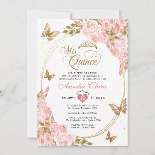フローラ赤面ピンク金ゴールドティアラバタフライキンセアニラ 招待状 (正面)