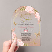 フローラ赤面ピンク金ゴールドバタフライキンセアニラアーチ アクリル招待状 (インサイチュ (ポータブル))