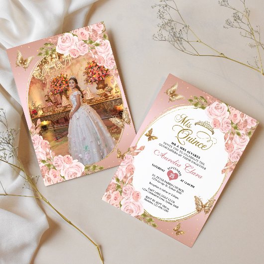 フローラ赤面ピンク金ゴールドバタフライフォトキンセアニラ 招待状