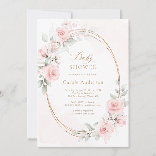 フローラ赤面ピンク金ゴールドベビーガールシャワー 招待状 (正面)