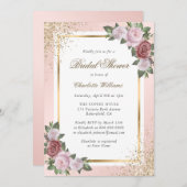 フローラ赤面ピンク金ゴールド紙吹雪ブライダルシャワー 招待状 (正面/裏面)