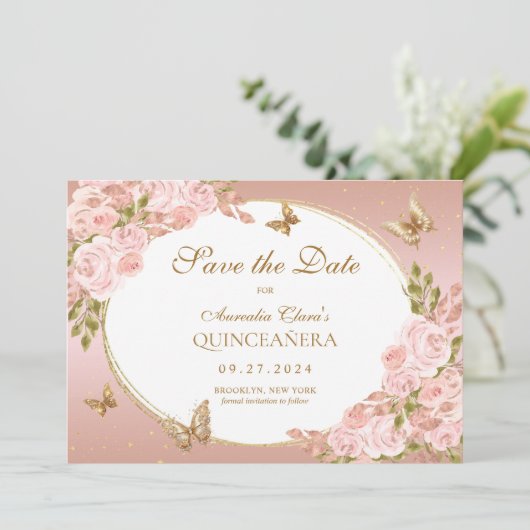 フローラ赤面ピンク金ゴールド蝶キンセアニェラ 案内状 (スタンド正面)