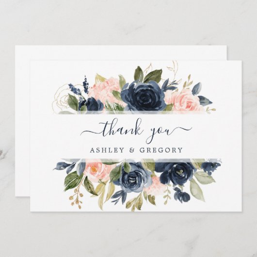 フローラ赤面ピンク&ネイビーフレームエレガント サンキューカード (正面/裏面)