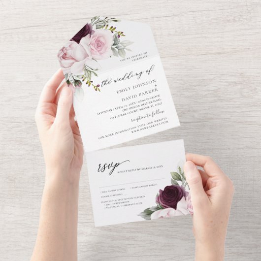 フローラ赤面ピンク | Burgundyバラ結婚ズ オールインワン招待状 (貼ってはがせる)