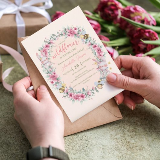 フローラ赤面ピーチキュートバニーガールファースト誕生日 招待状