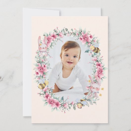 フローラ赤面ピーチキュートバニーガールファースト誕生日 招待状 (裏面)