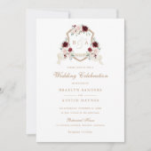 フローラ赤面ブルガンディモノグラムクレスト結婚ズ 招待状 (正面)