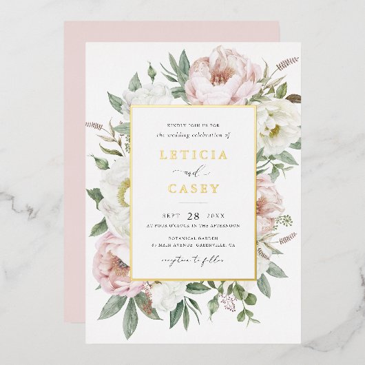 フローラ赤面ホワイトピエレガントオニーゴールド結婚フォイル 箔招待状 (正面/裏面)