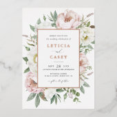 フローラ赤面ホワイトピオエレガントニーバラホイル結婚ズ 箔招待状 (正面)