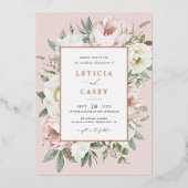 フローラ赤面ホワイトピオエレガントニーバラホイル結婚ズ 箔招待状 (正面)