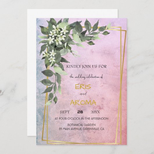 フローラ赤面ホワイトピーニーエレガントフレームピ絵を描ンク 招待状 (正面/裏面)