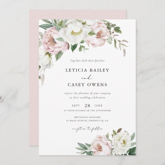 フローラ赤面ホワイトピーニーズリーフエレガントウェディング 招待状 (正面/裏面)