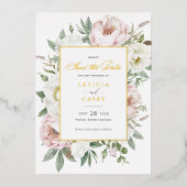 フローラ赤面ホワイト牡丹ゴールドフォイル日付を保存 箔招待状 (正面)