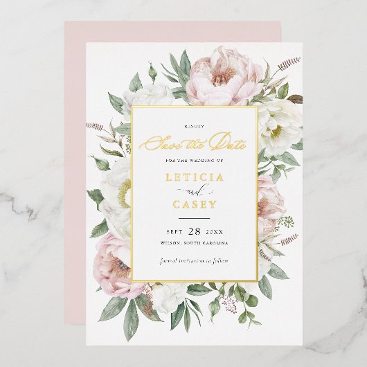 フローラ赤面ホワイト牡丹ゴールドフォイル日付を保存 箔招待状 (正面/裏面)