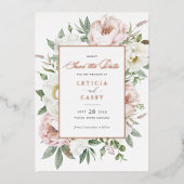 フローラ赤面ホワイト牡丹バラホイル日付を保存 箔招待状 (正面)