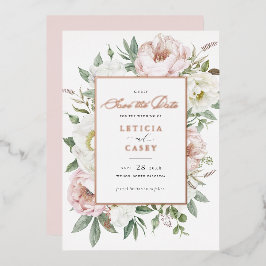 フローラ赤面ホワイト牡丹バラホイル日付を保存 箔招待状