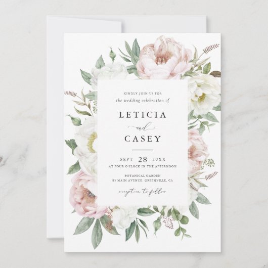 フローラ赤面ホワイト牡丹フレームエレガントな結婚式 招待状 (正面)