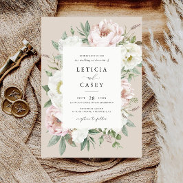 フローラ赤面ホワイト牡丹フレームエレガントな結婚式 招待状