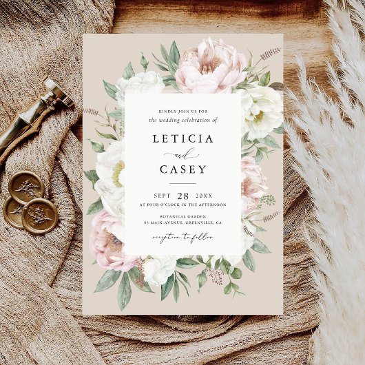 フローラ赤面ホワイト牡丹フレームエレガントな結婚式 招待状