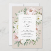 フローラ赤面ホワイト牡丹フレームエレガントな結婚式 招待状 (正面)