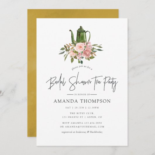 フローラ赤面及び金ゴールドブライダルシャワー茶パーティー 招待状 (正面/裏面)