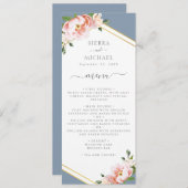 フローラ赤面金ゴールドほこりっぽいブルーウェディングレセプション メニュー (正面/裏面)