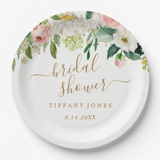フローラ赤面金ゴールドピンク紙吹雪ブライダルシャワー ペーパープレート (正面)