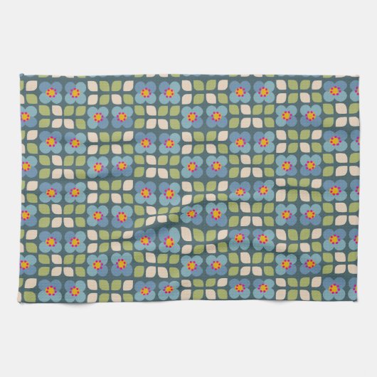 フローラ赤面 – 青と緑の植物茶タオル キッチンタオル (横)