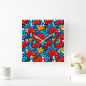 フローラ赤黄色の花模様–13075 スクエア壁時計 (ホーム)