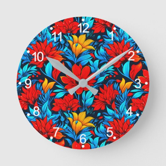 フローラ赤黄色の花模様–13075 ラウンド壁時計 (正面)