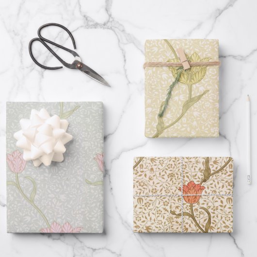 フローラ赤黄色ピンクチューリップMorrisパターン ラッピングペーパーシート (正面)