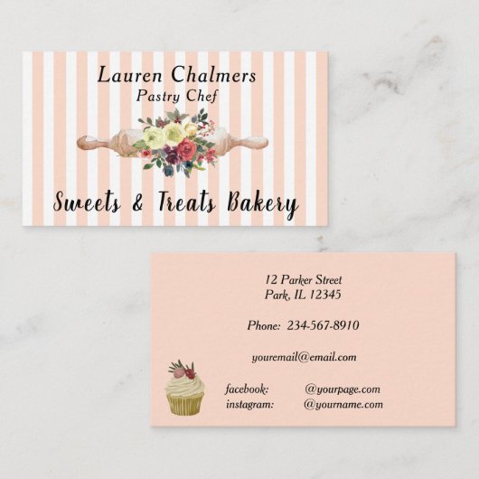 フローラ転がのピン赤面ピンクのストライプパティシエ 名刺 (正面/裏面)