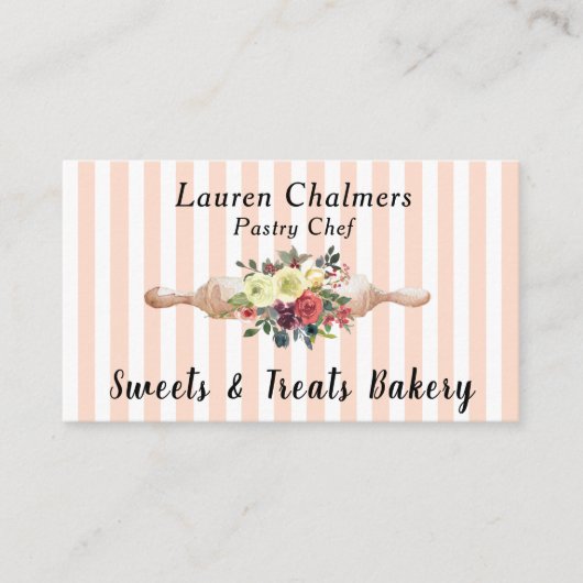 フローラ転がのピン赤面ピンクのストライプパティシエ 名刺 (正面)
