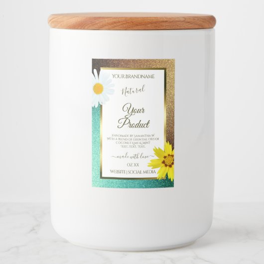 フローラ金ゴールドおよびティール(緑がかった色)グリッターのホワイトプロダクトラベル フードラベル (正面)