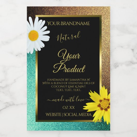 フローラ金ゴールドおよびティール（緑がかった色）グリッターブラックプロダクトラベル フードラベル (シングルラベル)