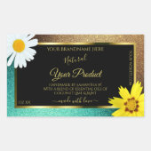 フローラ金ゴールドおよびティール(緑がかった色)グリッターブラックプロダクトラベル 長方形シール (正面)