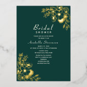 フローラ金ゴールドとエメラルドグリーンブライダルシャワー 箔招待状 (正面)
