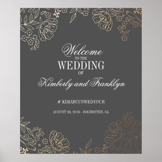 フローラ金ゴールドとグレーヴィンテージウェディングウェルカムサイン ポスター (正面)