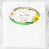 フローラ金ゴールドと緑のグリッターの白い製品ラベル 楕円形シール (バッグ)