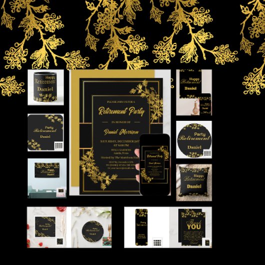 フローラ金ゴールドと黒い退職パーティー2024 招待状