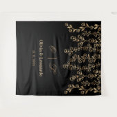 フローラ金ゴールドと黒のエレガントなウェディングの背景 タペストリー (正面(横))