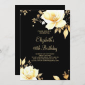 フローラ金ゴールドと黒の印刷可能な40th誕生日 招待状 (正面/裏面)
