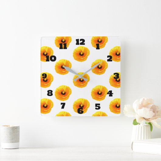 フローラ金ゴールドイエローポピー花ガールズボーイズ子供部屋 スクエア壁時計 (ホーム)