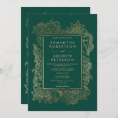 フローラ金ゴールドエメラルドグリーン詳細結婚ホテル 招待状 (正面/裏面)