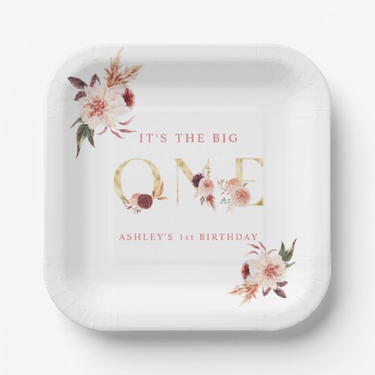 フローラ金ゴールドエレガントレターガールファースト誕生日 ペーパープレート (正面)